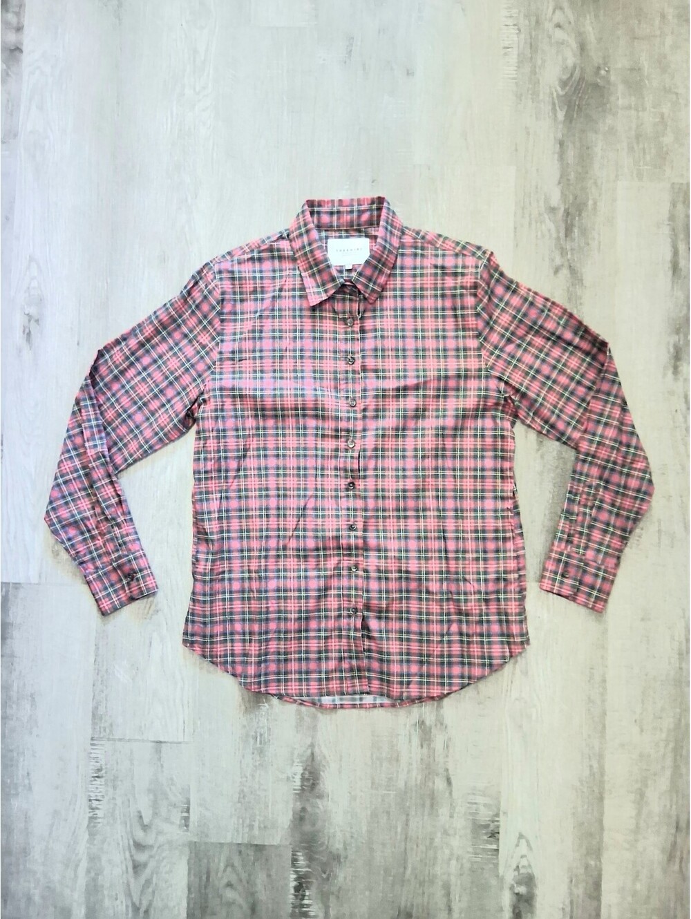 THE SHIRT by Rochelle Behrens Womens L Red/Black Plaid Long Sleeve Button Up Top